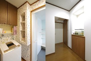 浴室を１２２１サイズのものから、使い勝手の良い１６１６サイズにして、設置位置を替えたことで、空間が生まれ、それを利用して洗面所には収納棚を（左）、廊下側には、収納棚とニッチをつくりました（右）。